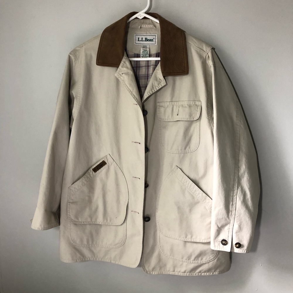 LL Bean women barn chore khaki utility coat MP leather collar OBM78 plaid inside
